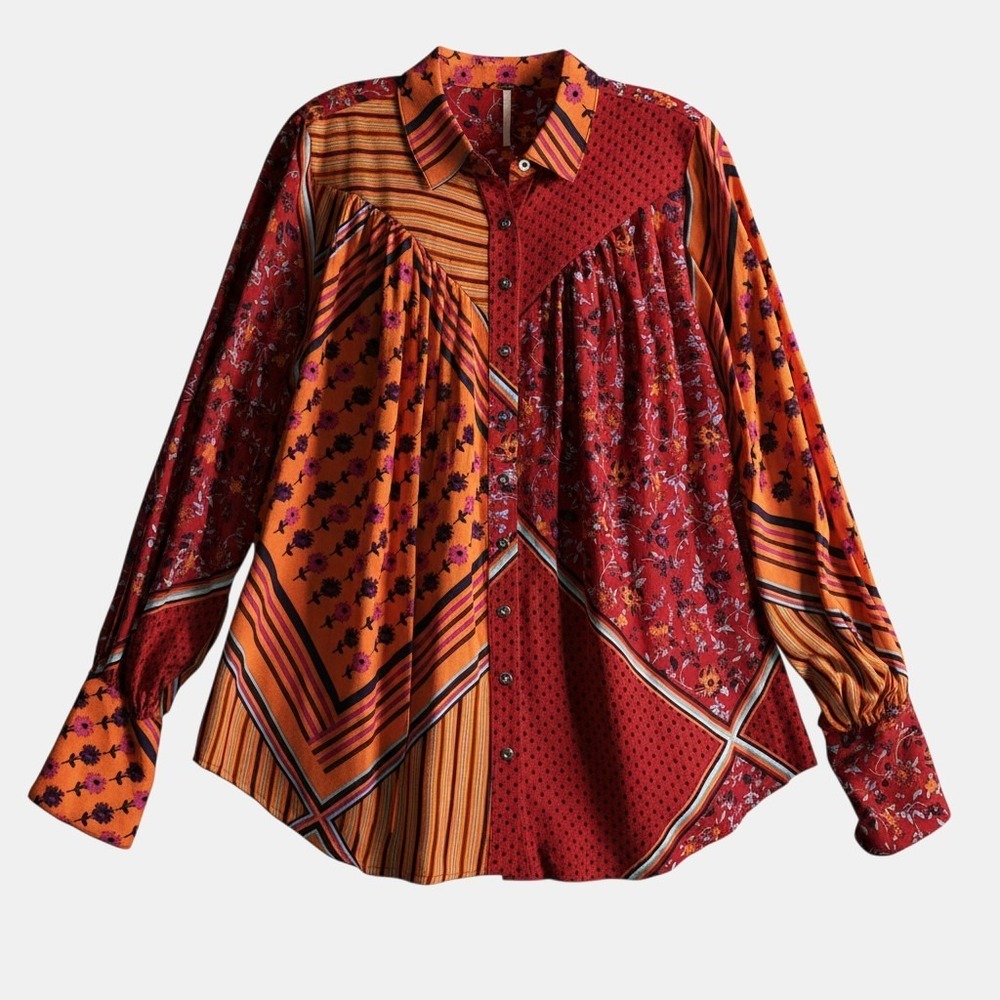 Free People S Mixed Print Blouse Orange Boho Button Up Maximalist Whimsygoth EUC